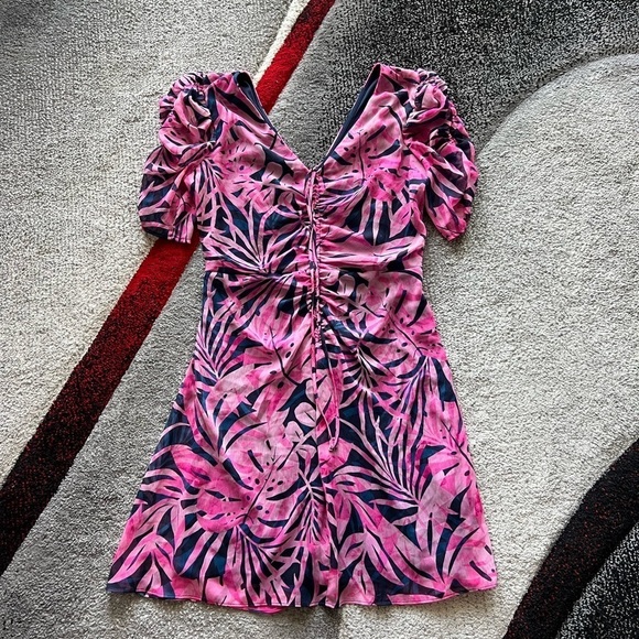 DKNY Pink Leaf Print Ruched Mini Dress - Picture 1 of 5